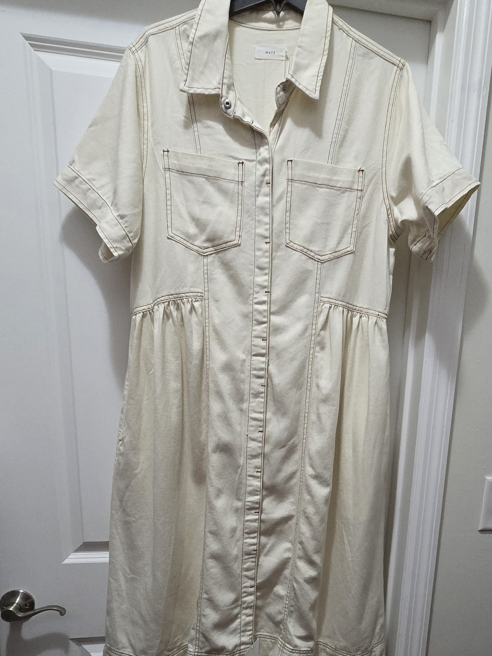 NWT MAYE The Label Montana Denim Drop Waist Shirtdress Size L Cream Ecru